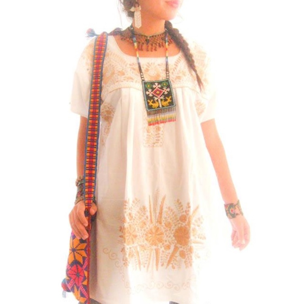 Mexican Dress Old Gold Tunic Tent Boho Hippie Chic